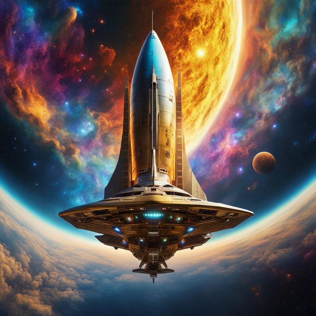Fantasy Spaceship Soars Through Multicolored Nebula