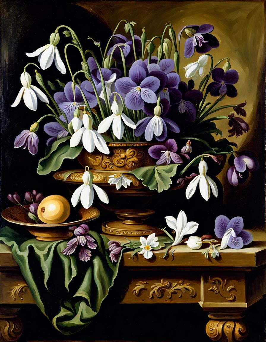 Baroque Still Life of Violets and Snowdrops