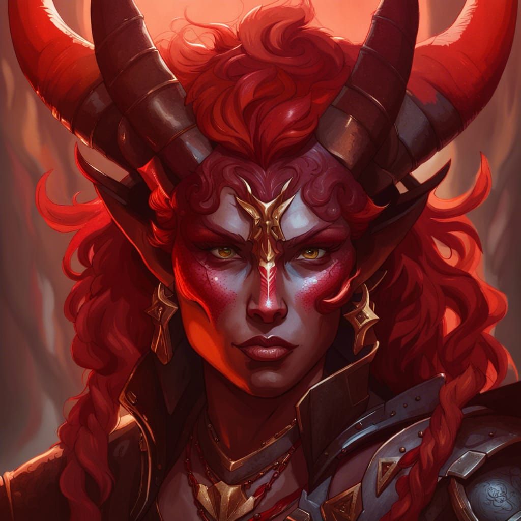 Intimidating Tiefling Warrior Portrait in Hyperdetailed Styl...