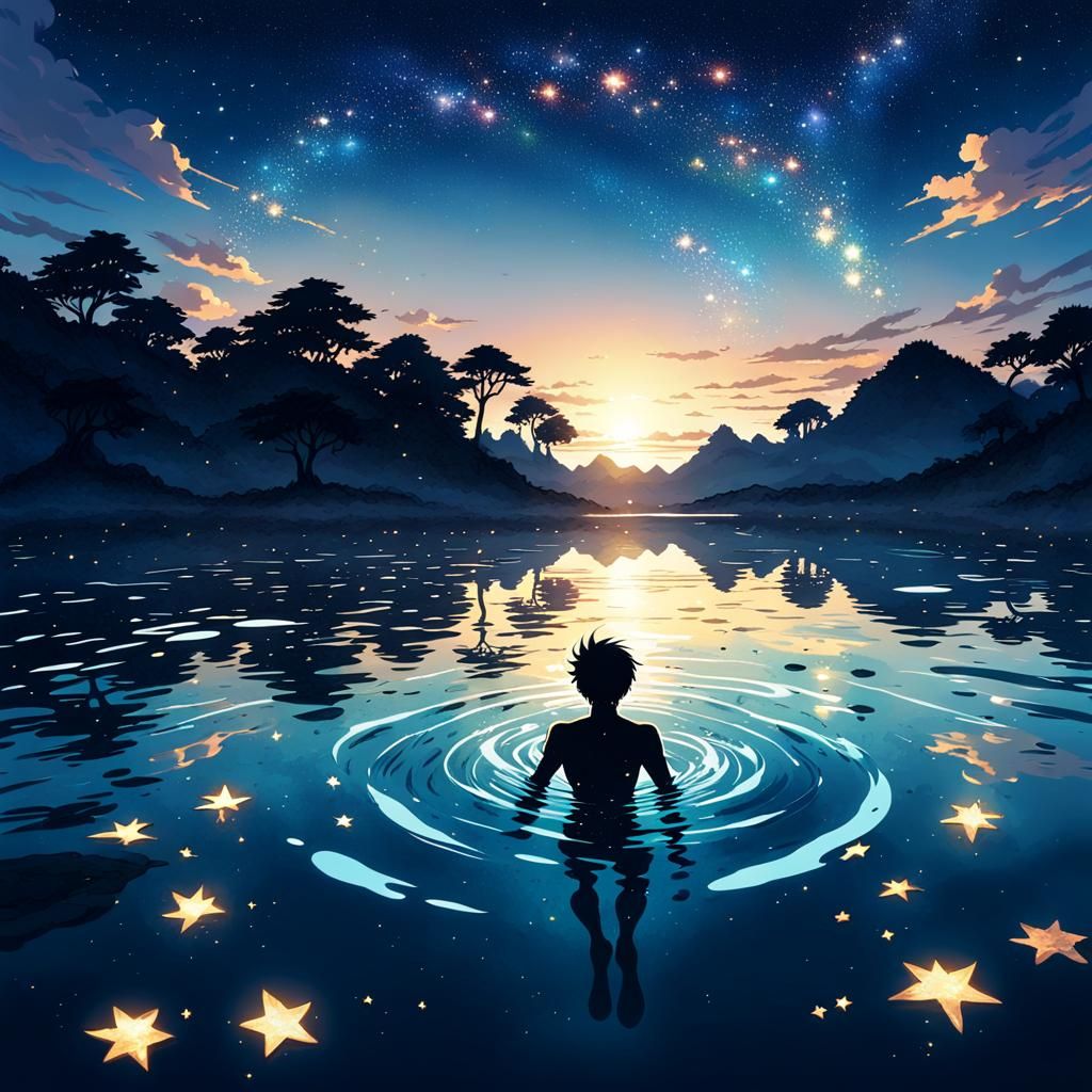 Boy Swimming in Starry Lake: Anime Style