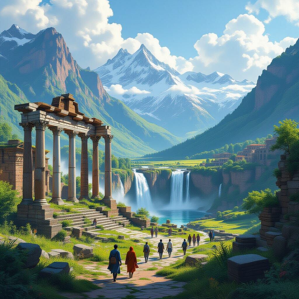 Verdant Roman Ruins: Hyperrealistic Pictorial Landscape