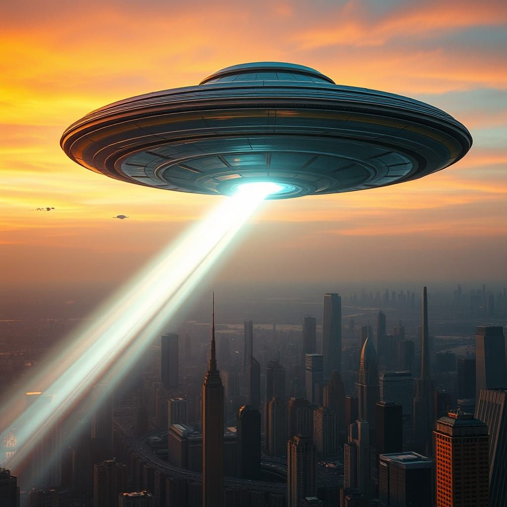 Majestic UFO Over Urban Metropolis in Vibrant Dusk Light