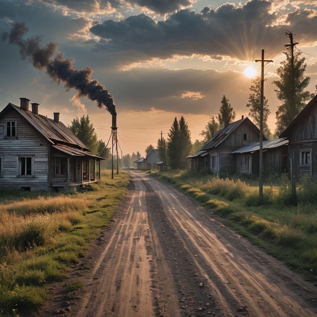 Sunset Over Russian Village With Old House