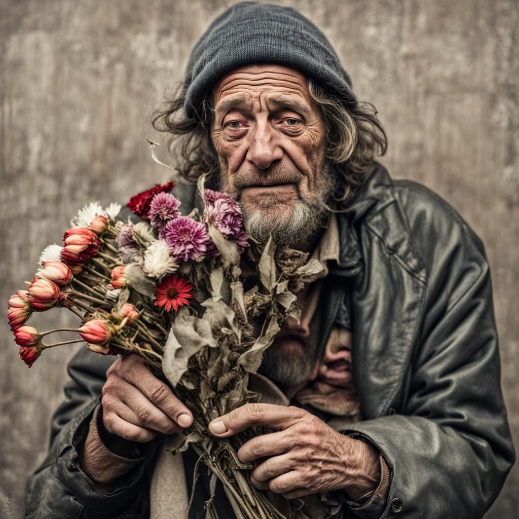 Homeless Man with Flowers: Portrait of Urban Decay