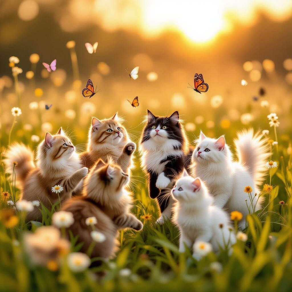 Fluffy Cats Chasing Butterflies in Golden Hour Field
