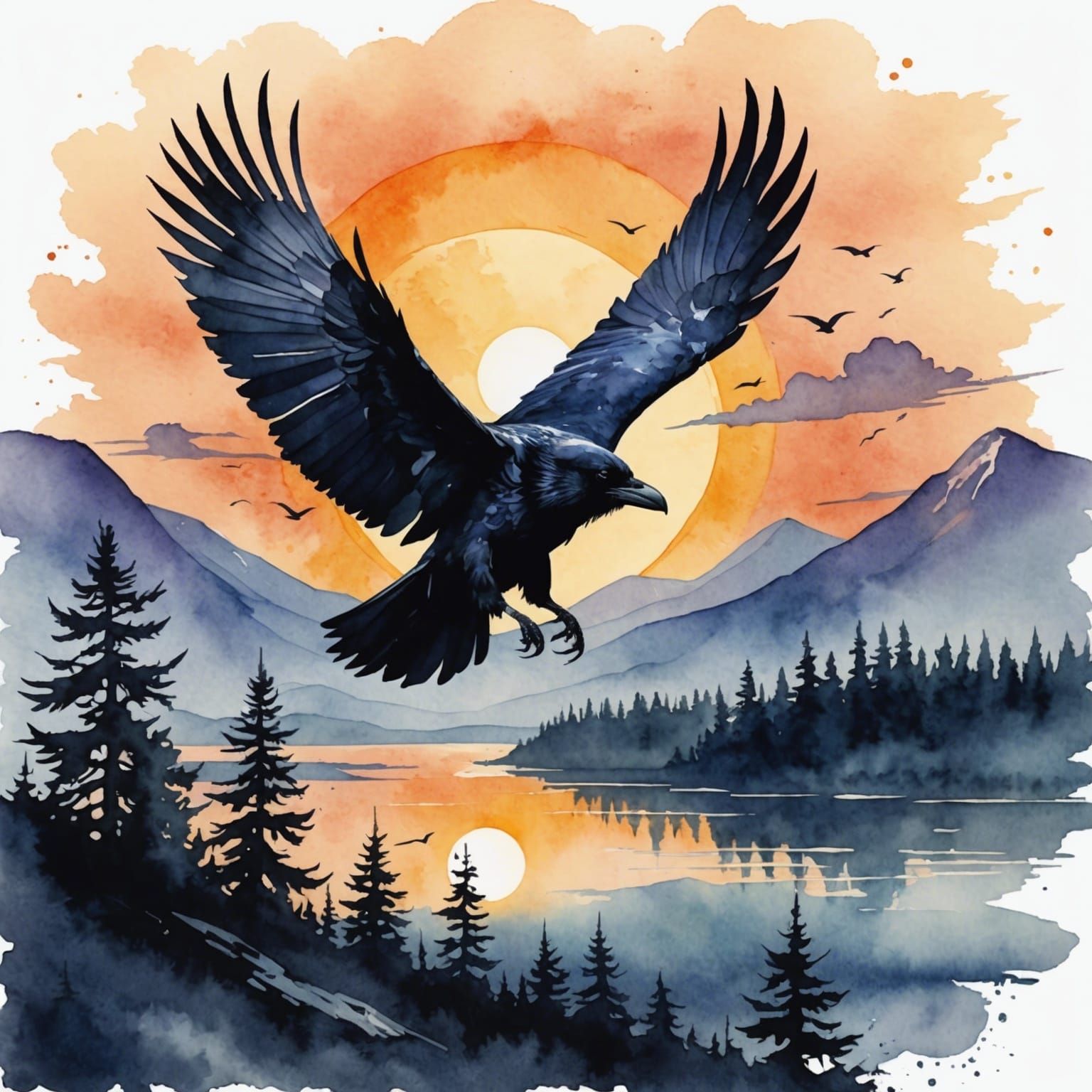 Raven Flying Towards Sunrise in Watercolor Style
