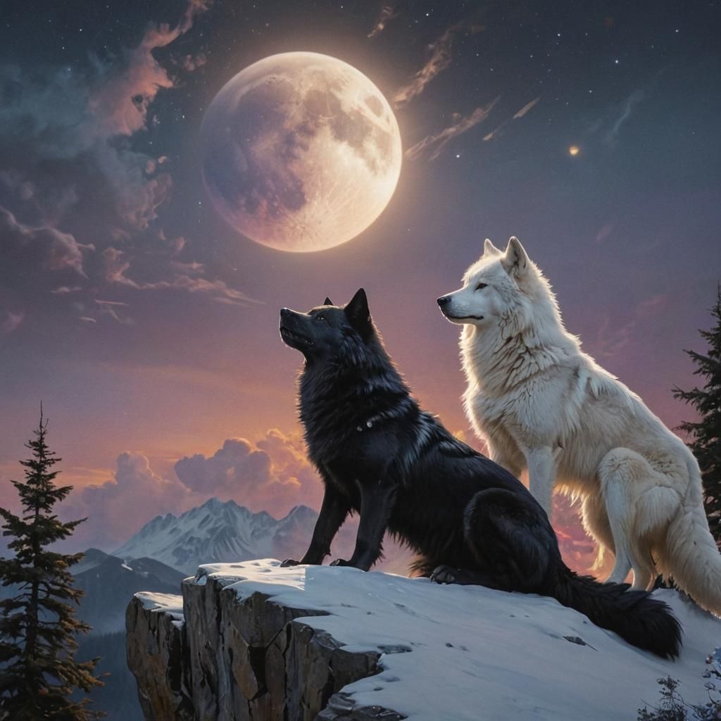 Mystical Wolves Overlooking Black and White Planets
