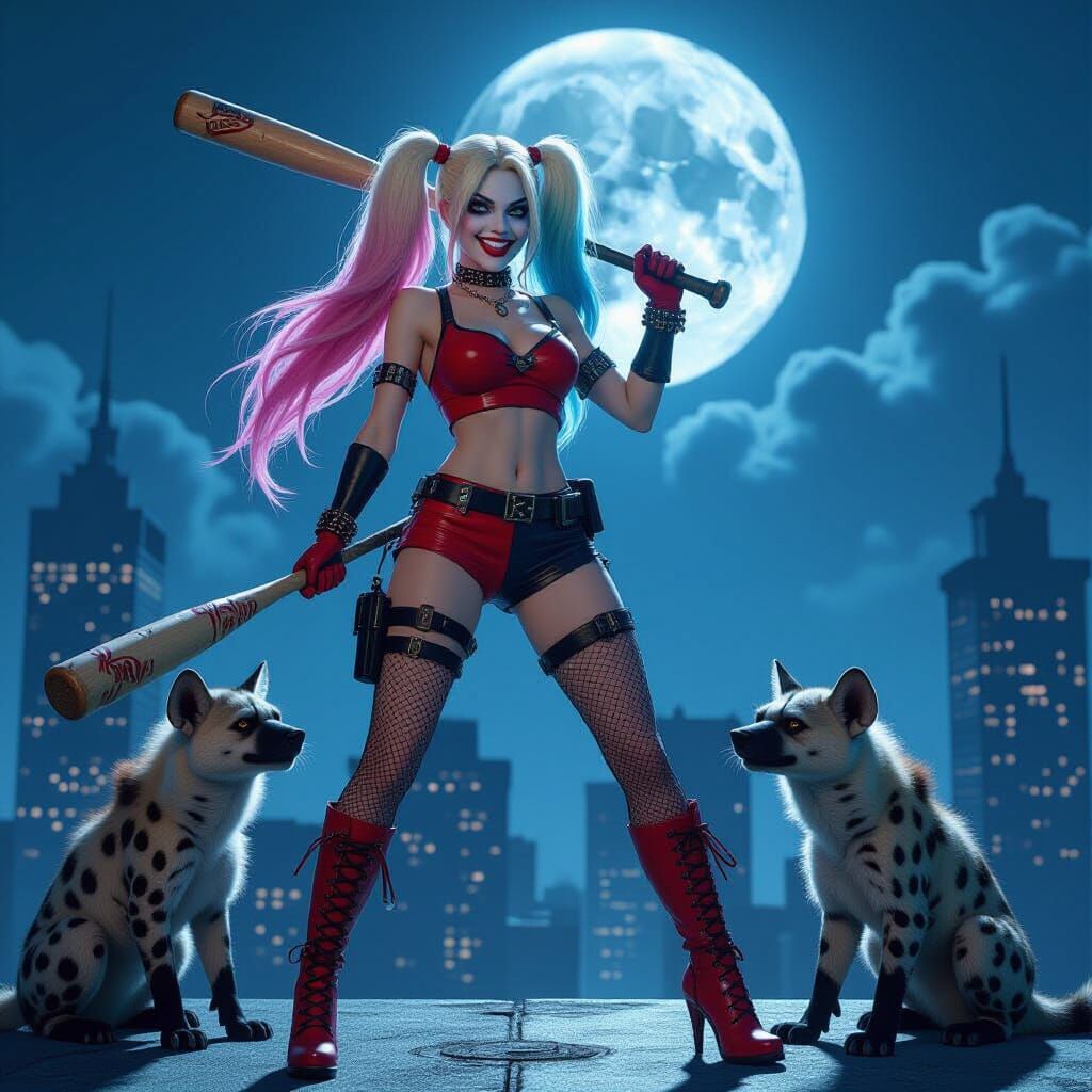 Harley Quinn on Rooftop with Hyenas Under Full Moon