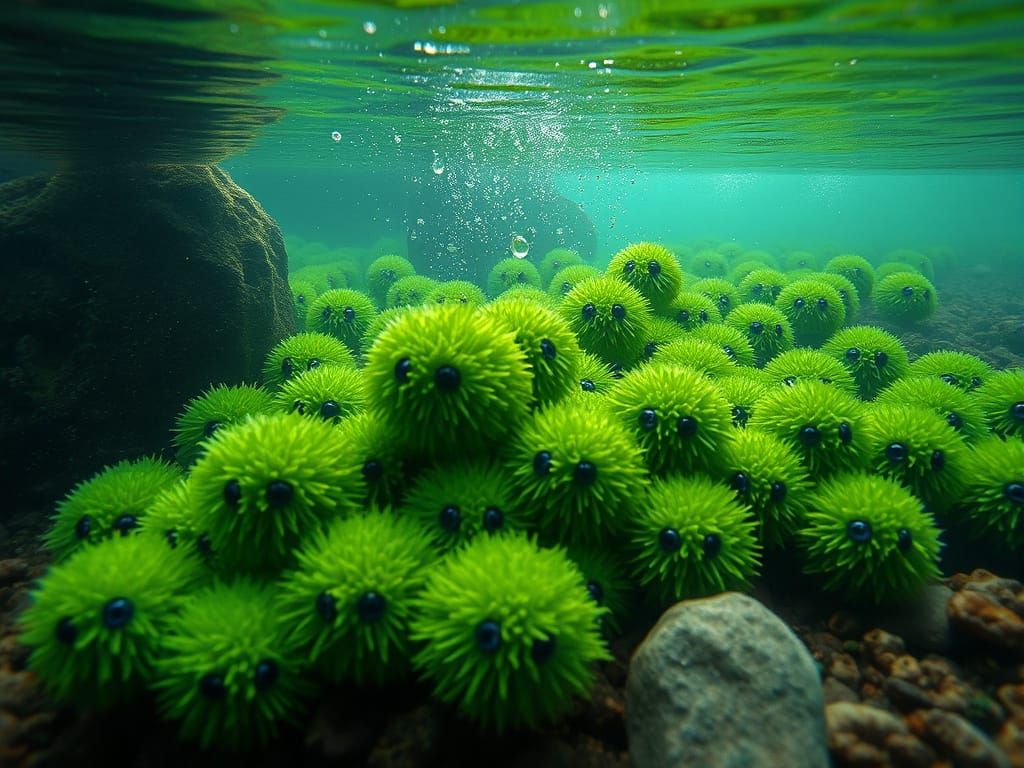 Photorealistic Underwater Scene of Marimo Pompom Moss Balls