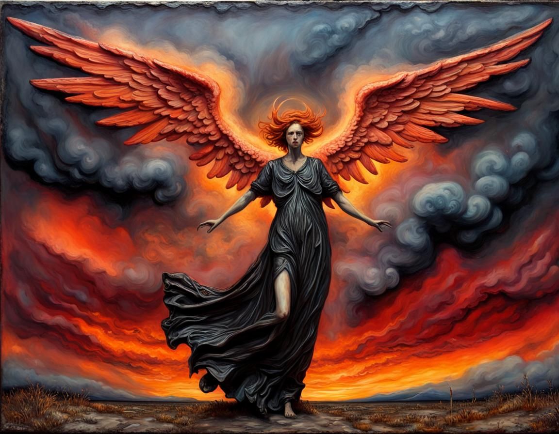 Fallen Angel in Encaustic Style Against Fiery Sky