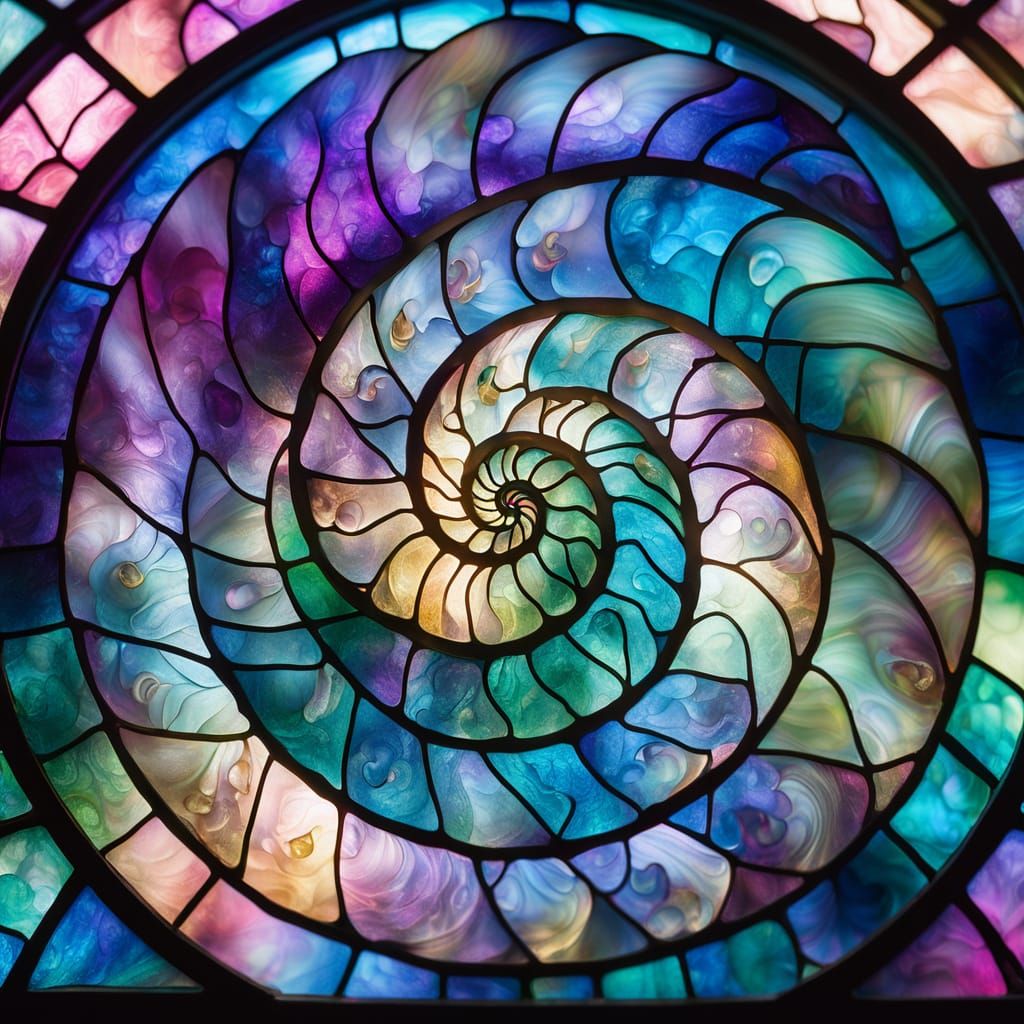 Vibrant Stained Glass Seashell Spiral in Ethereal Mist