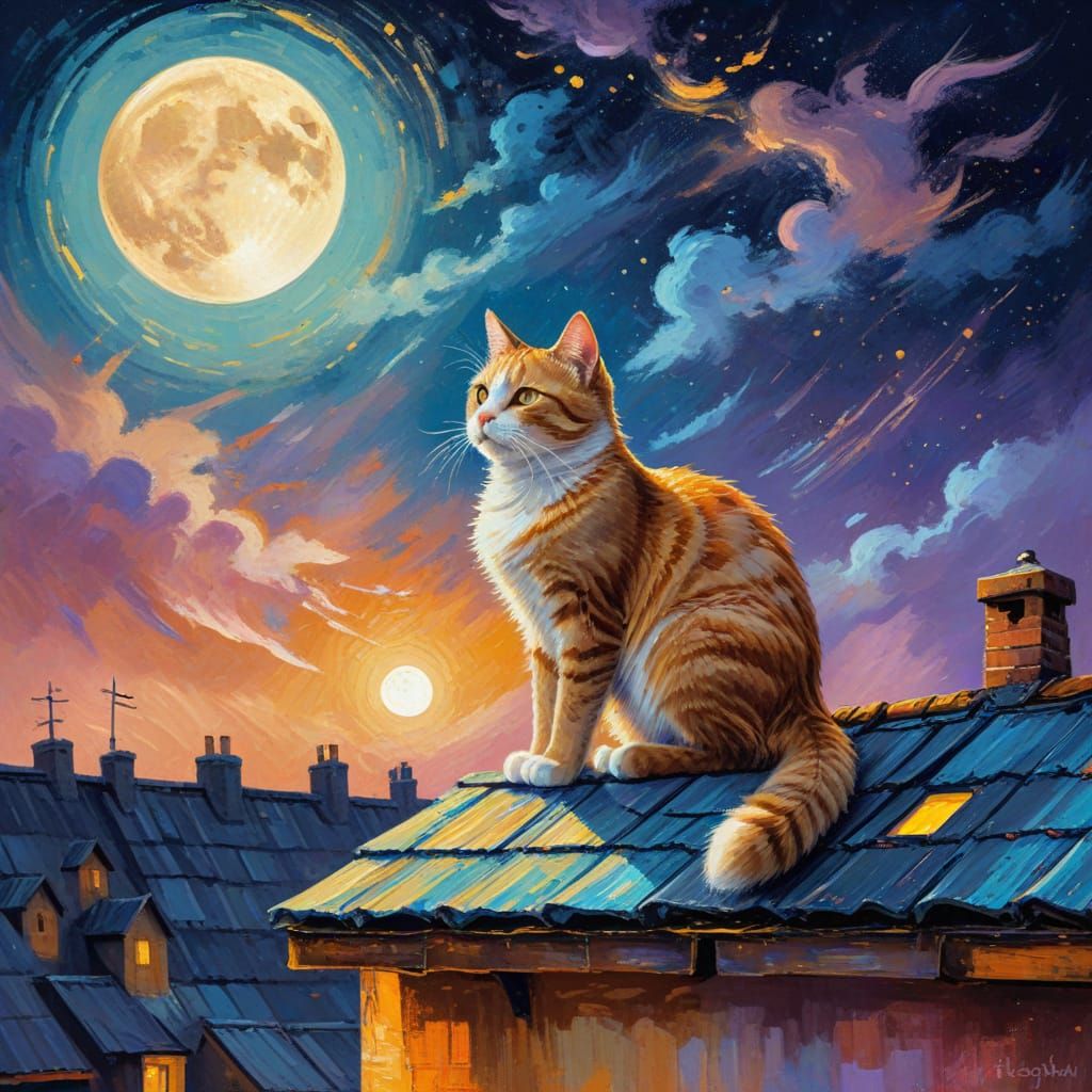 Cat on Roof in Moonlight, Neo-Impressionist Style