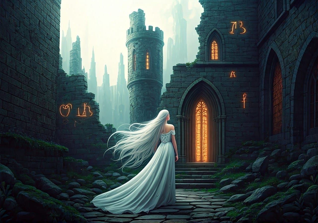 Magical Castle Ruins with Woman in Gown