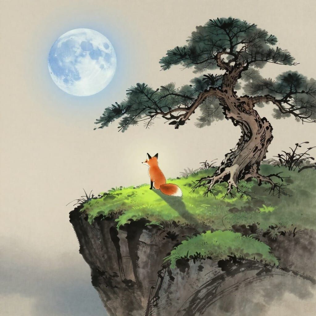 Tiny Fox Gazes at Blue Moon on Mossy Cliff in Japanese Ink S...