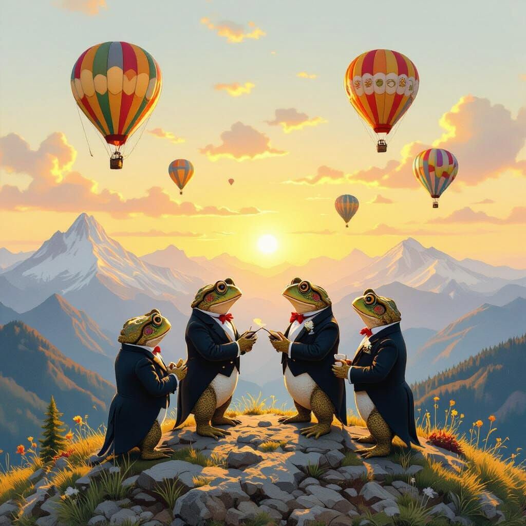 Toads Exchange Vows on Mountain Peak at Sunset with Hot Air ...