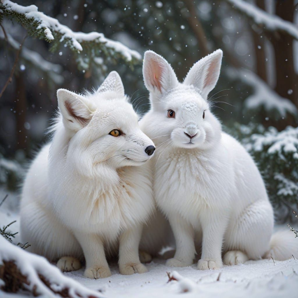 Fluffy Fox and Bunny Huddle in Snowy Dreamscape