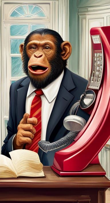 Hyperrealistic Chimp President Answers Phone in Oval Office
