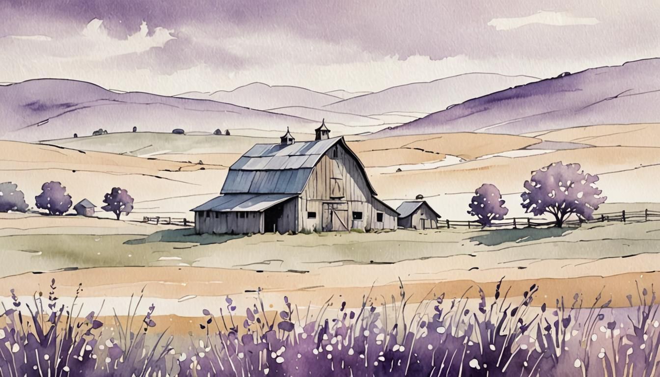Minimalist Watercolor Sketch of Ohio Barn Landscape