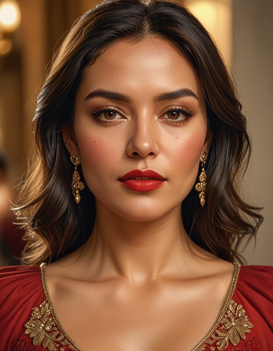 Latina Woman Portrait in Red Dress, Digital Art