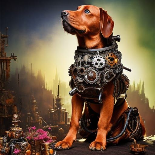 Steampunk Engine Dog: Intricate Masterpiece in Triadic Color...