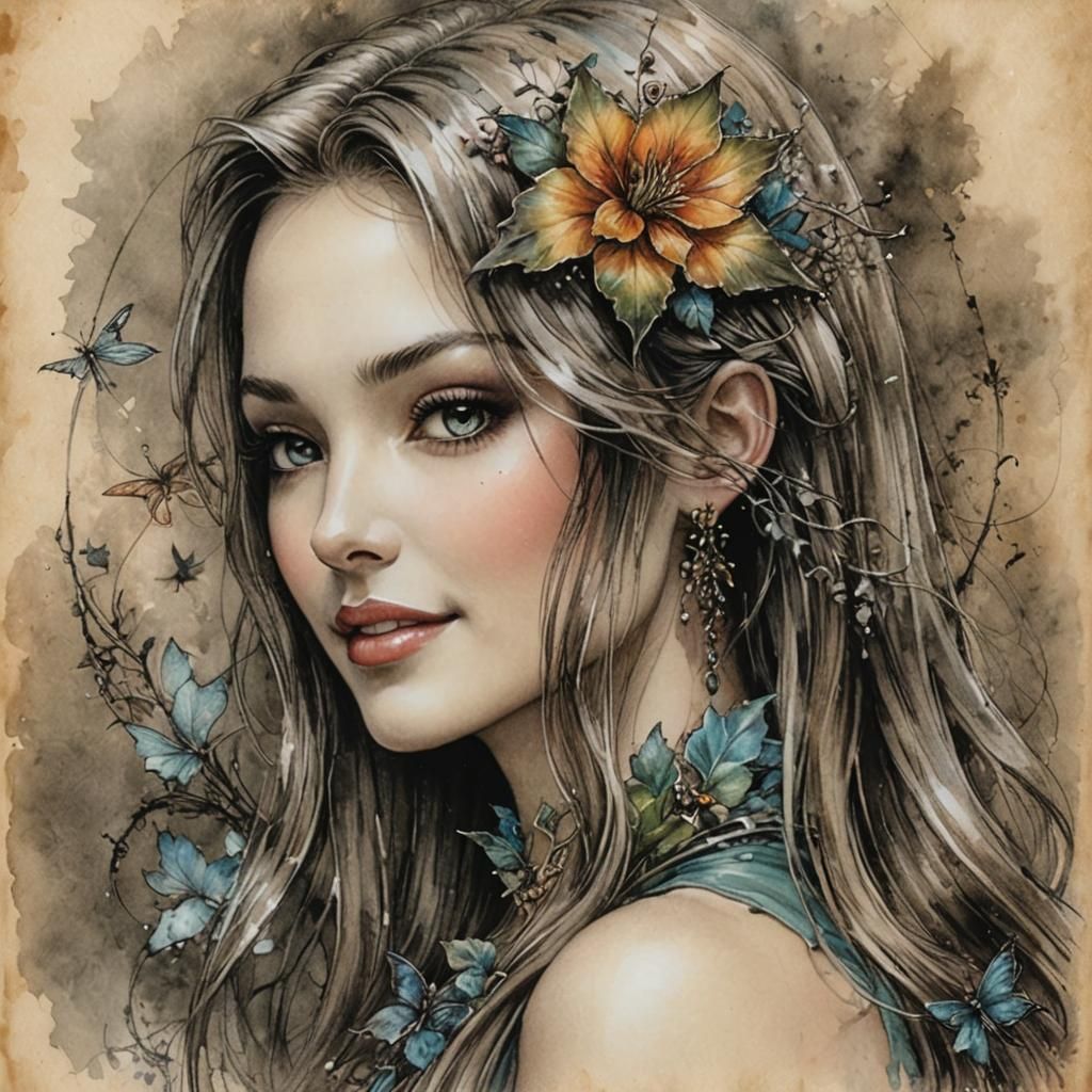 Fairy Tale Girl Portrait in Watercolor and Ink