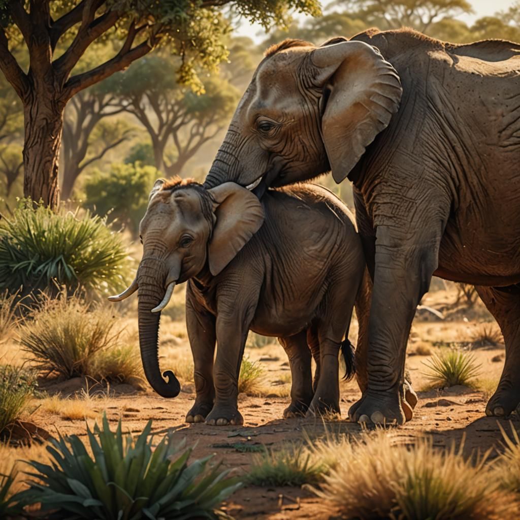 Elephant and Donkey Embrace in Savannah Sunlight