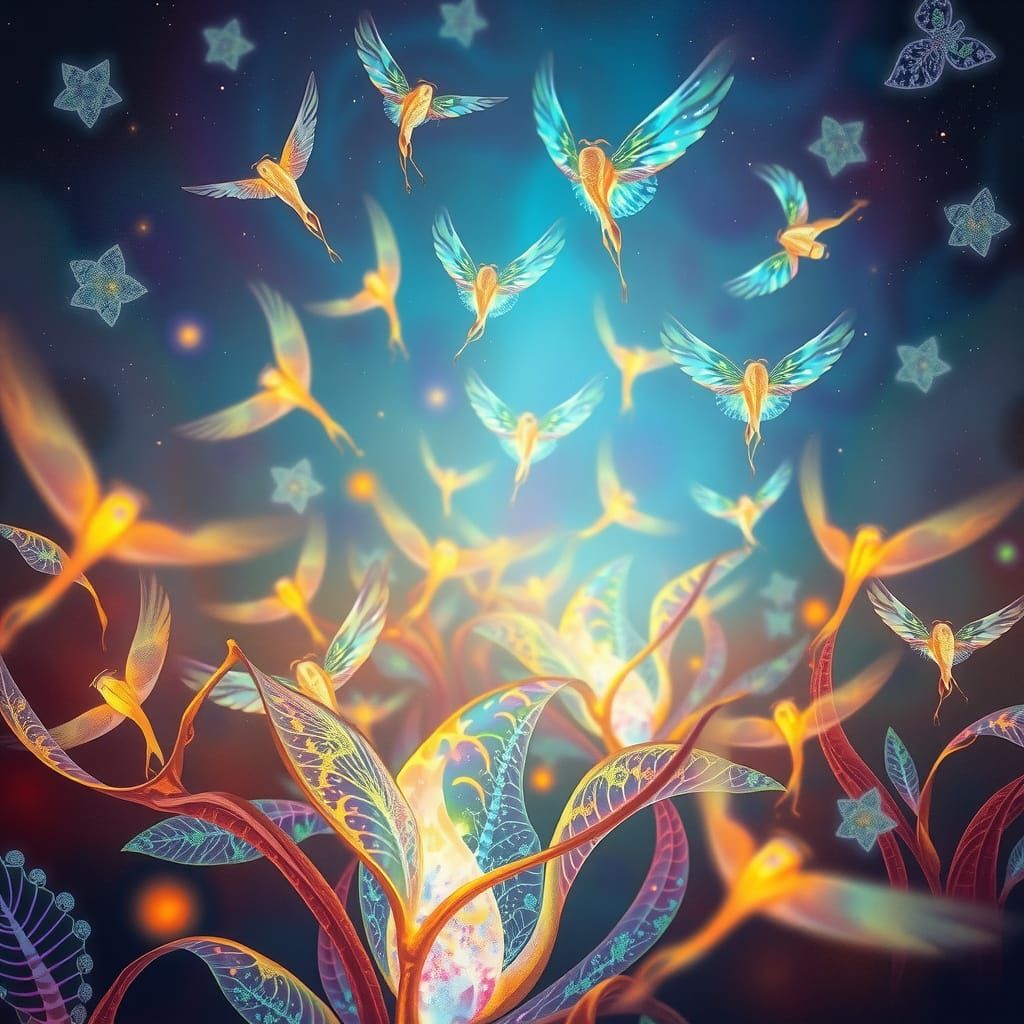Surreal, Iridescent Beings Dance in a Glowing, Ethereal Wond...