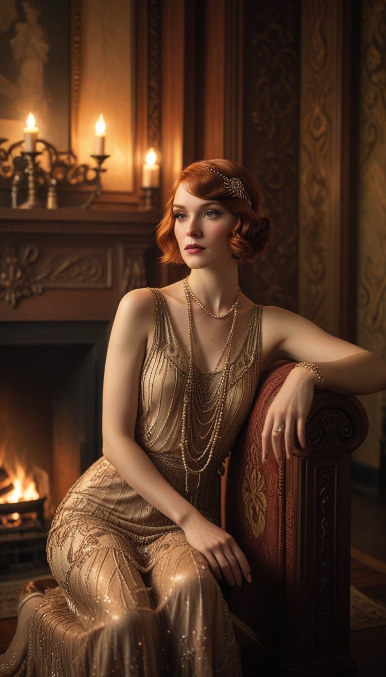 Vintage 1920s Flapper Woman by Firelight