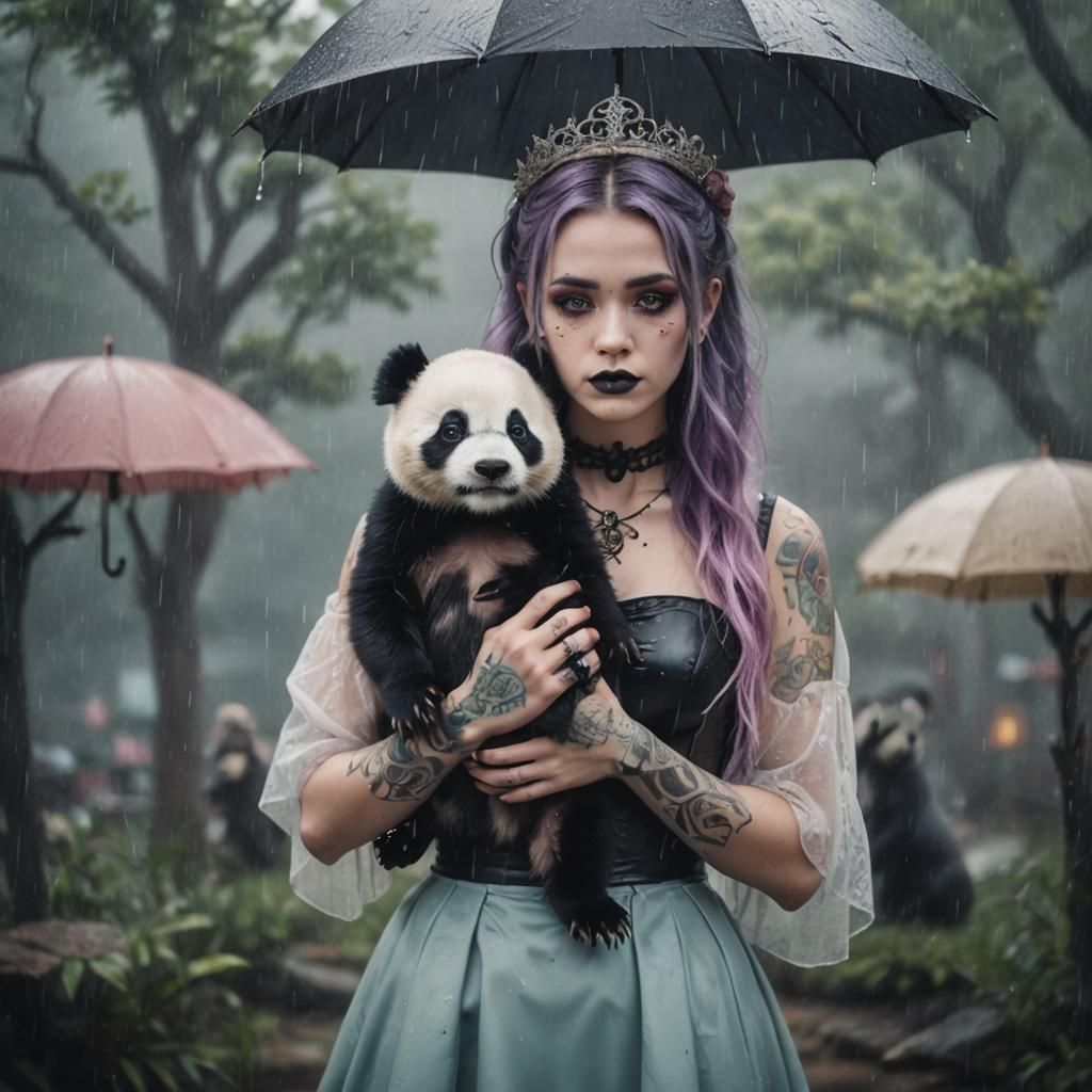 Gothic Princess with Panda in Rainy Cinematic Scene
