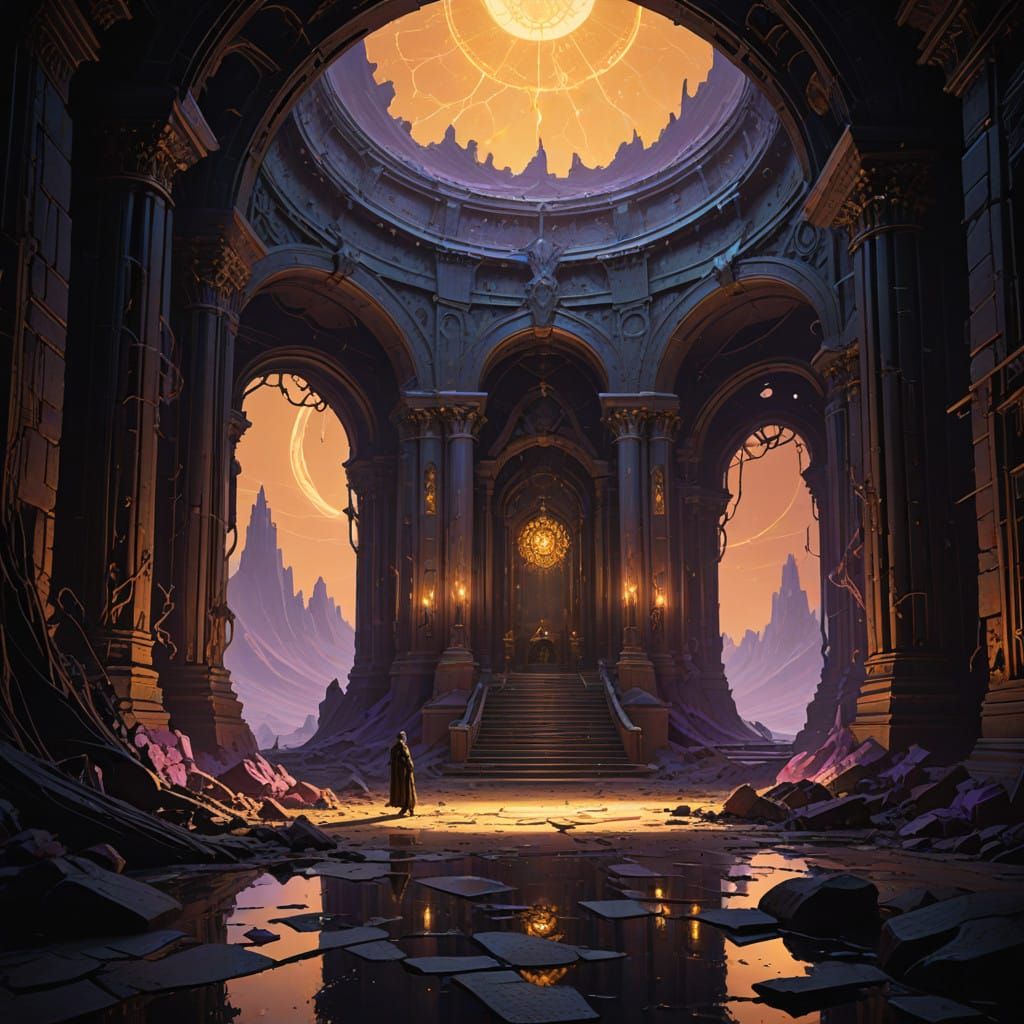 Dark Fantasy Scene: Primordial Chaos Illuminated by Ethereal...