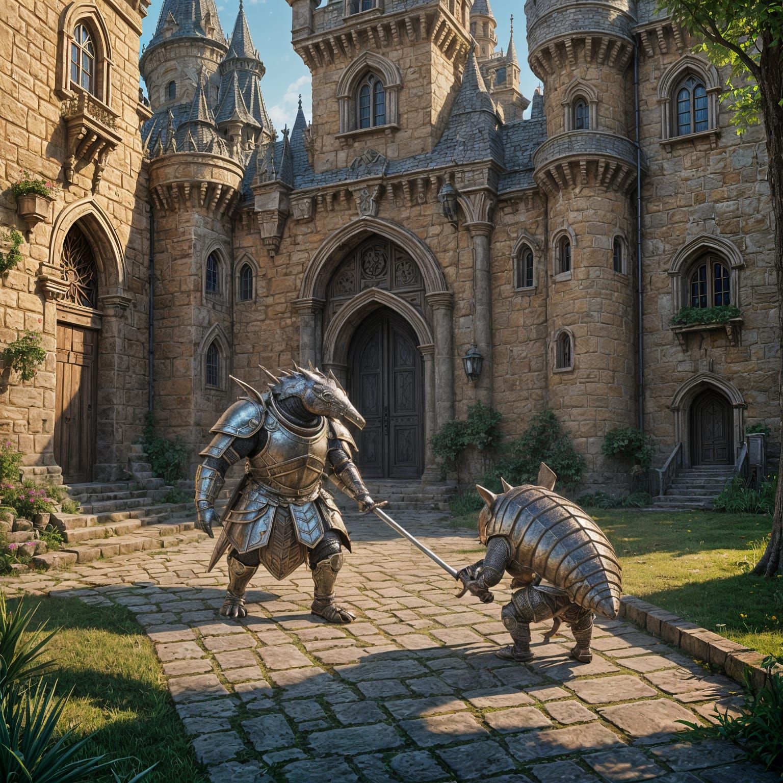 Armadillo Meets Knight at Castle Entrance