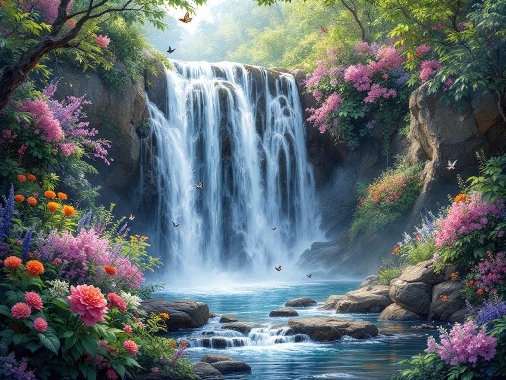 Lush Paradise Landscape with Waterfall and Wildlife