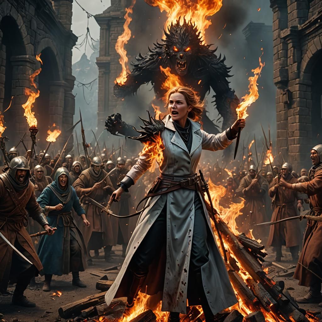 Evil Scientist Burning at Stake with Portal Background