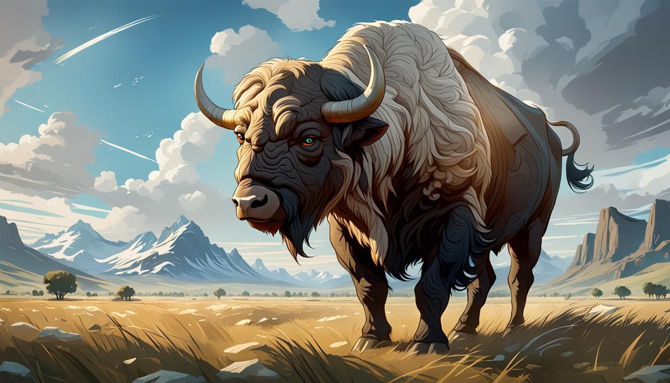 white buffalo grazing alone in large field