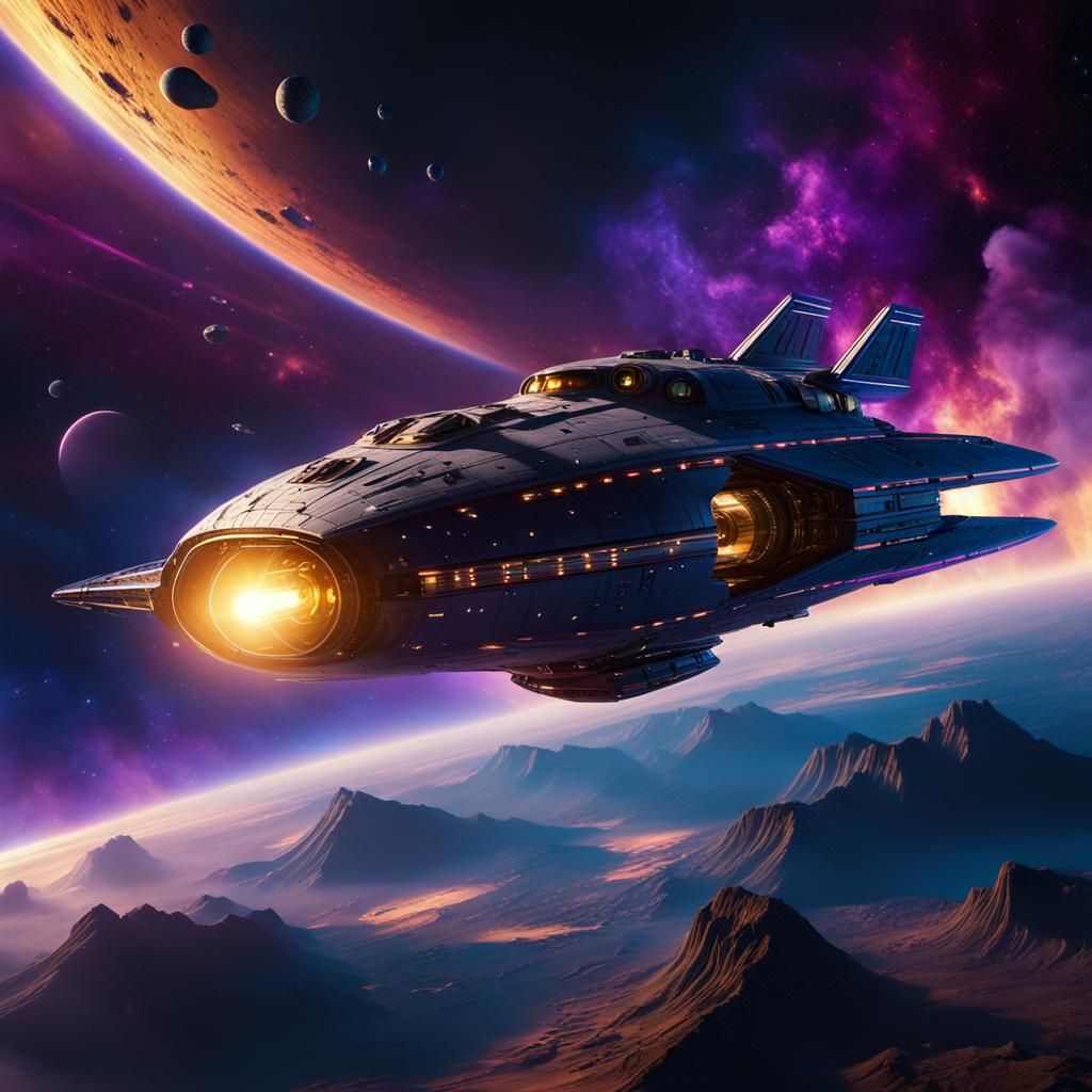 Spaceship Emerges from Nebula in Cinematic Matte Painting