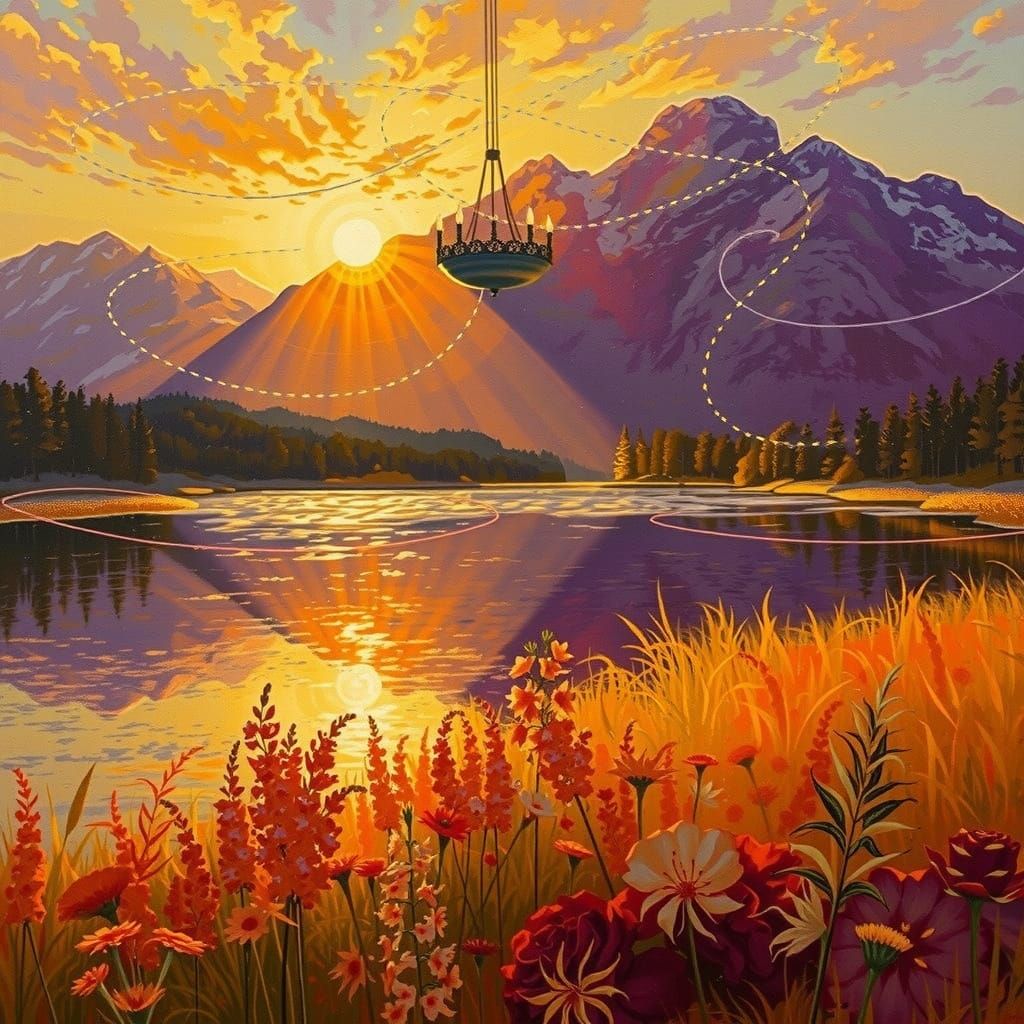 Surrealist Oil Painting of Ornate Light Fixture with Cascadi...