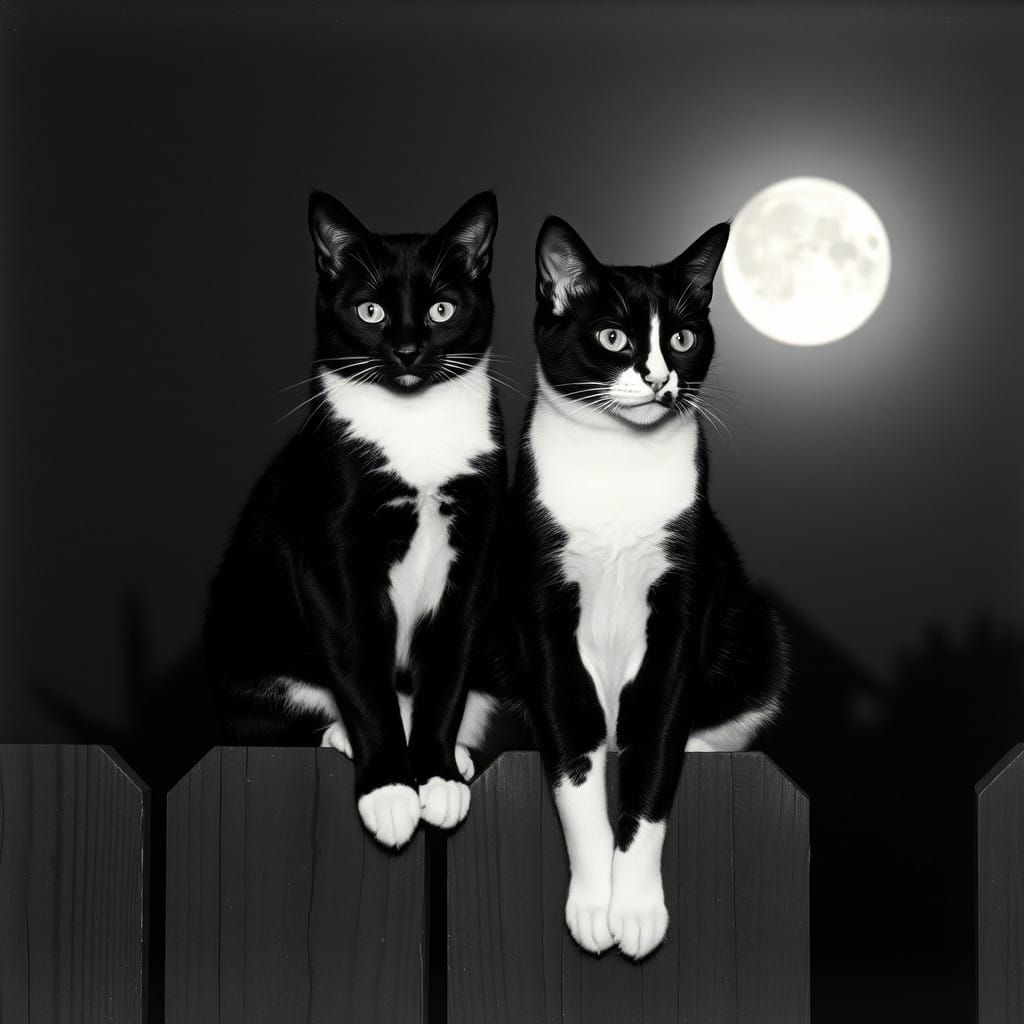 Sleek Black and White Cats Pose Under Moonlight