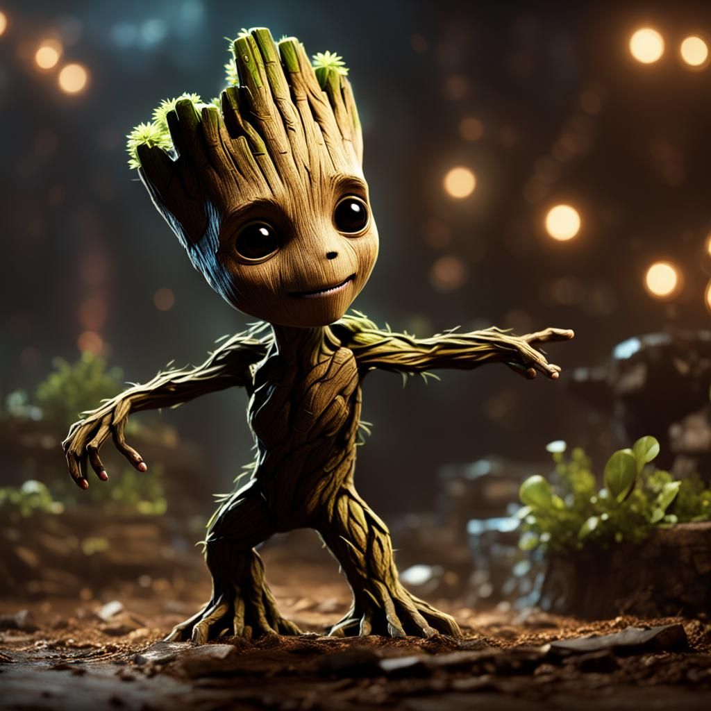 Cute Baby Groot Dancing: Digital Matte Painting