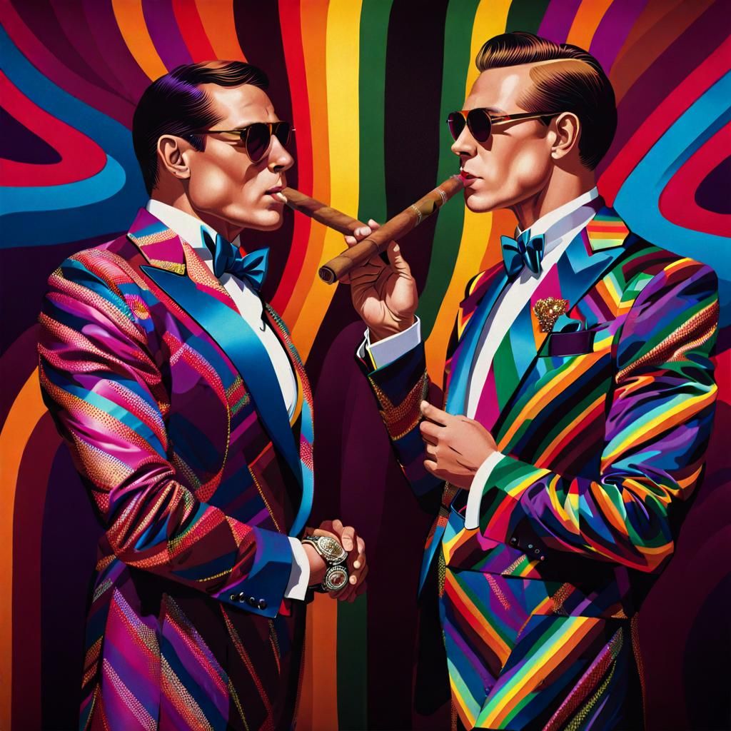 Men in Rainbow Tuxedos Smoking Cigars