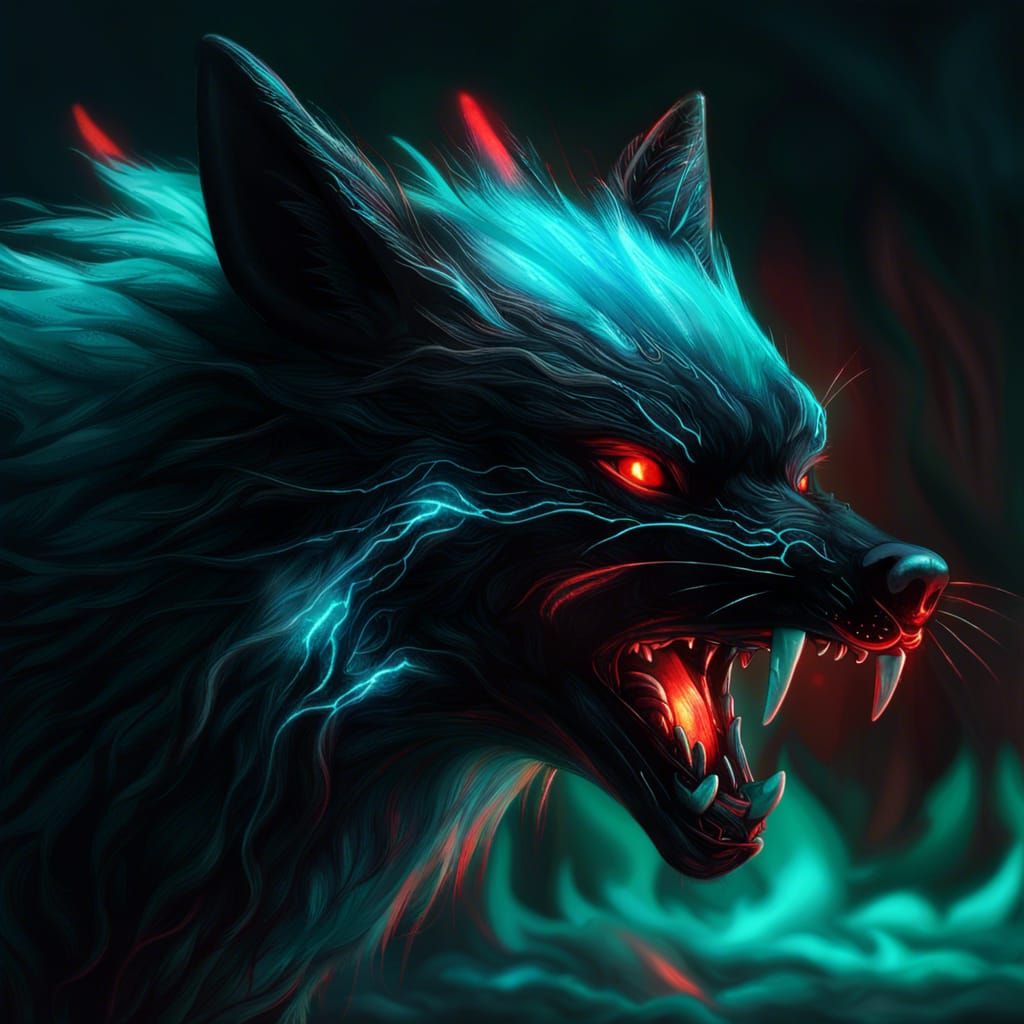 Menacing Black Fox with Glowing Eyes in Dark Fantasy Style