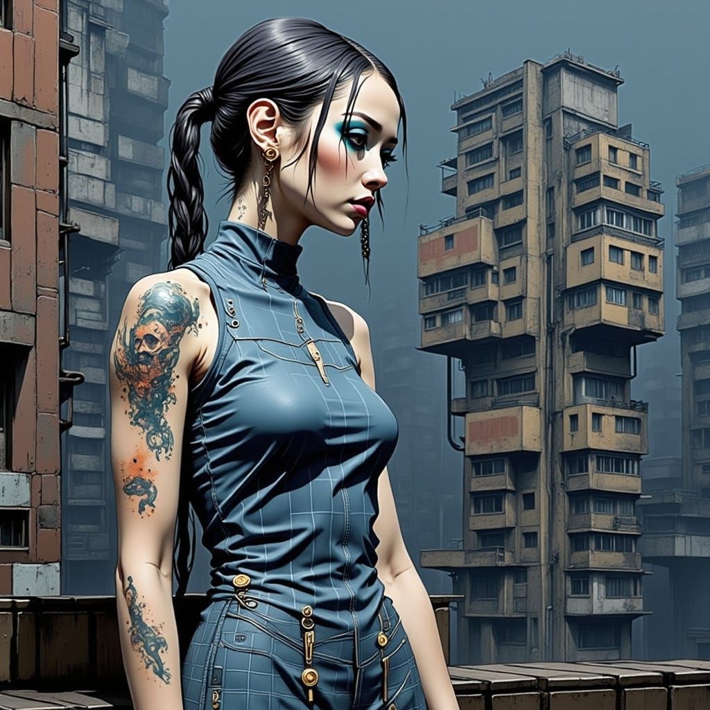 Cyborg Woman with Babylonian Tattoos in Cyberpunk Style