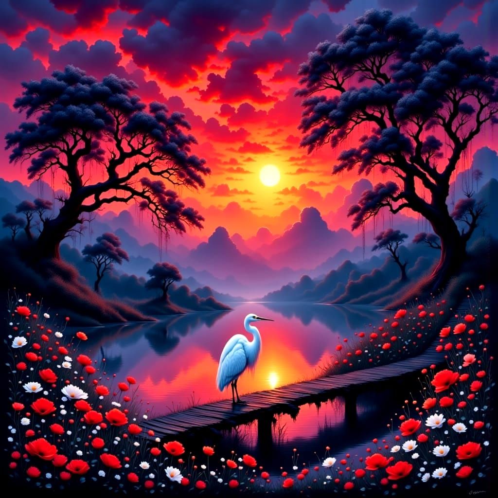 Dramatic Sunset Illuminates a Majestic White Egret on a Rust...