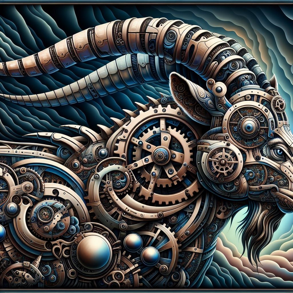 Clockwork Goat with Cybernetic Enhancements in Surreal Setti...