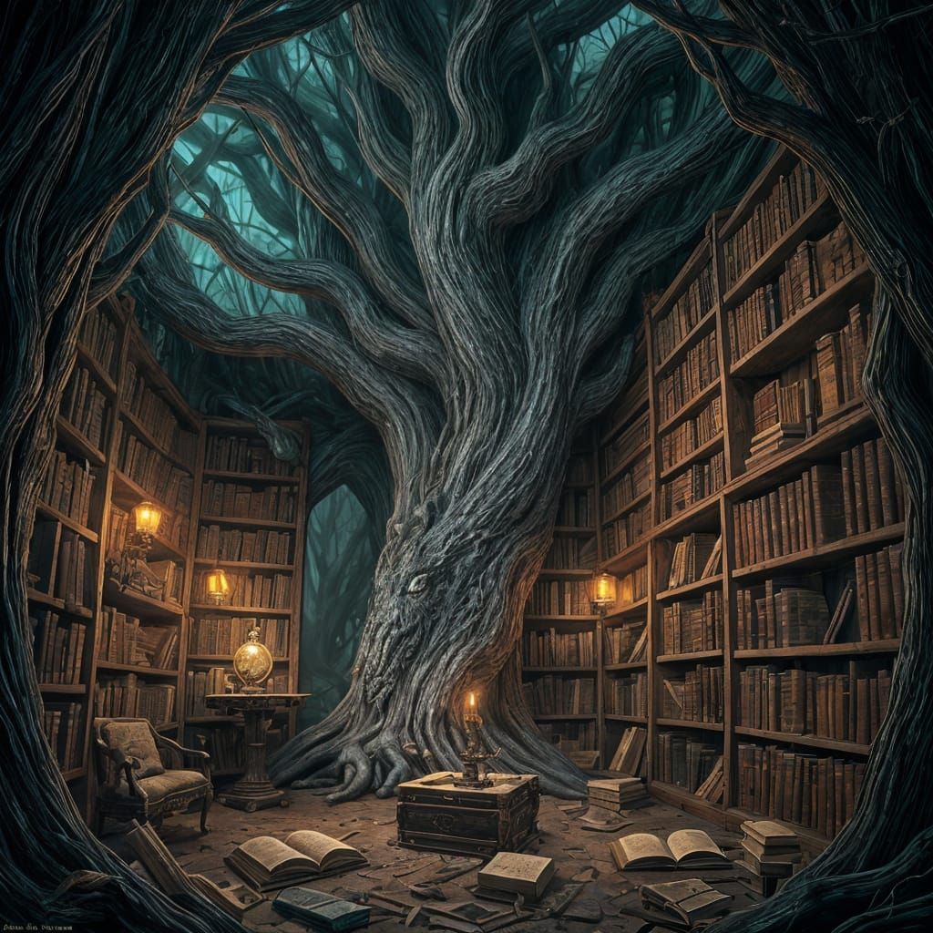 Enchanted Dark Fantasy Library within a Bioluminescent Tree