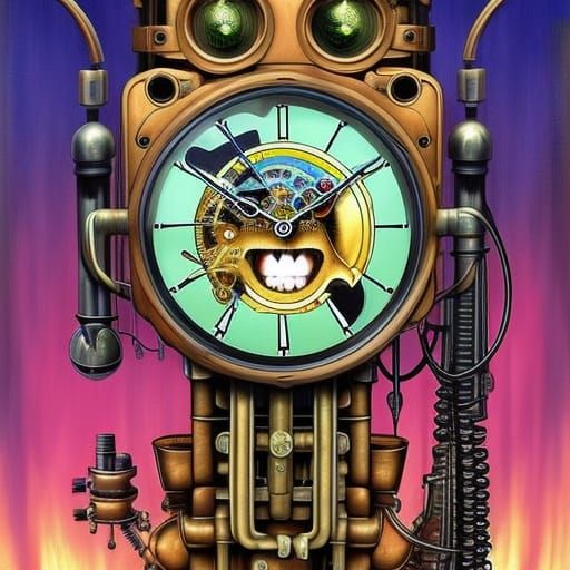 Steampunk Clockwork Android with Hourglass, Hyperdetailed Ar...