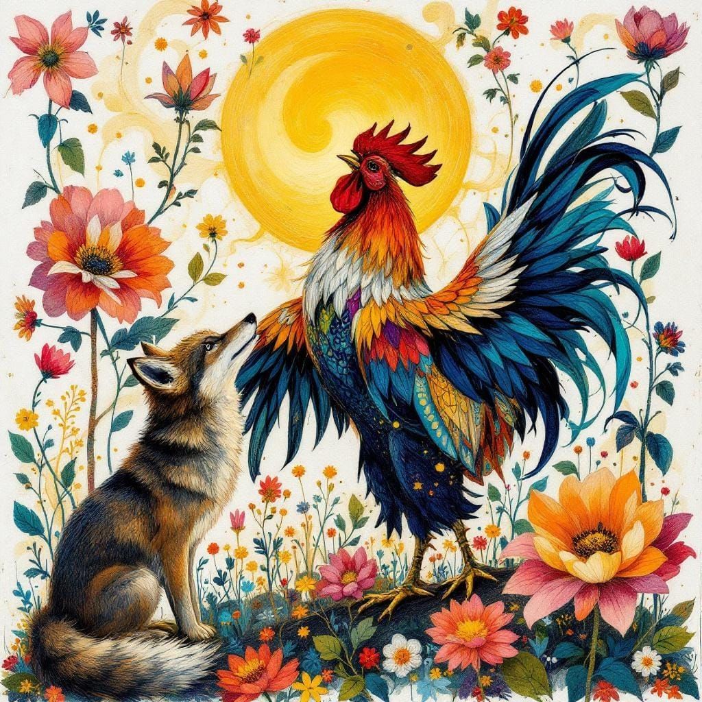 Rooster and Coyote Sunrise in Art Nouveau Style