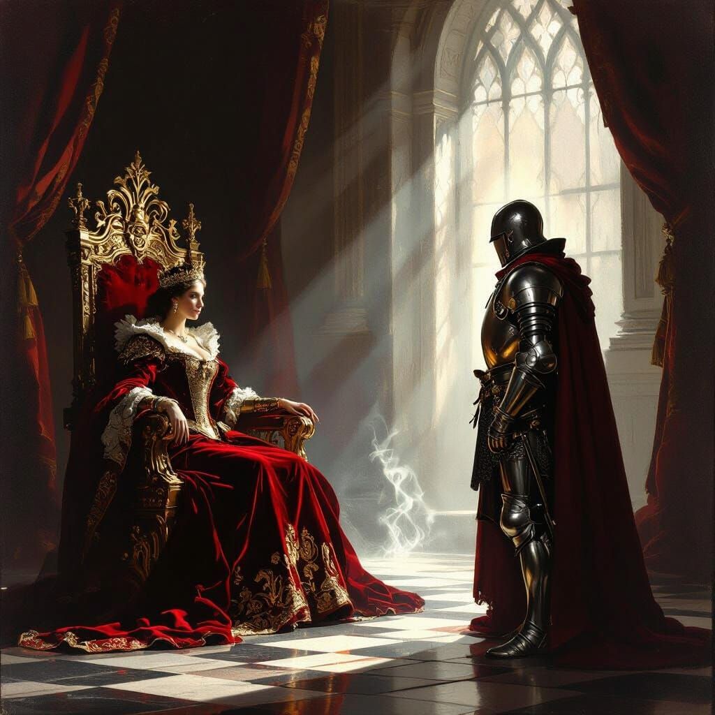 Regal Queen and Vulnerable Knight in Baroque Throne Room