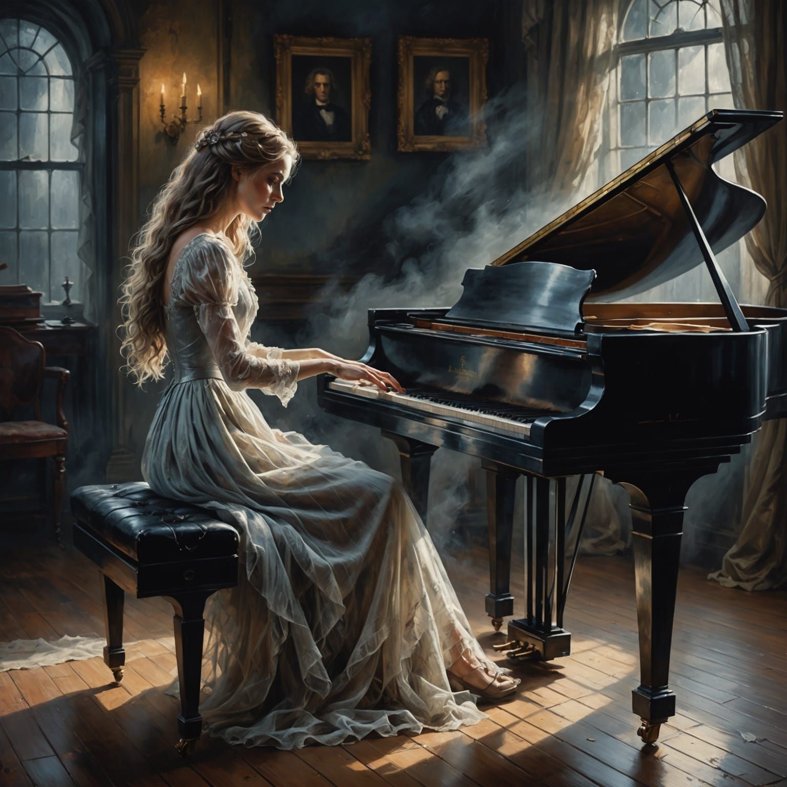 Ghostly Figure Plays Piano: Digital Oil Painting