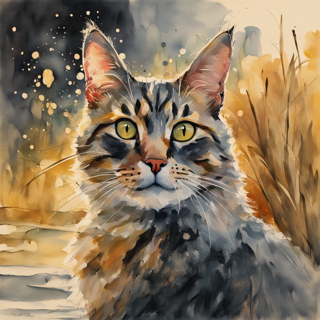 Whimsical Cat in Water Droplet, in Impressionist Gouache Sty...