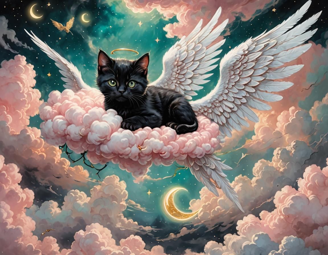 Black Kitten with Angel Wings in Pastel Pink Sky